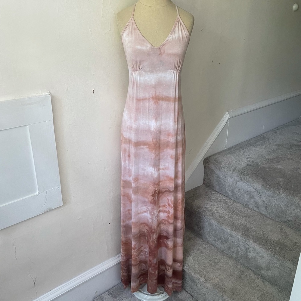 Love Tanjane Tan Brown Tie Dye Rayon Blend Halter V-Neck Maxi Dress Size Xs